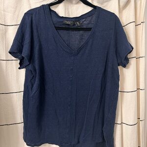 TAHARI Blue 100% Linen V-Neck Short Sleeve Hi-Low Hem Tunic Top